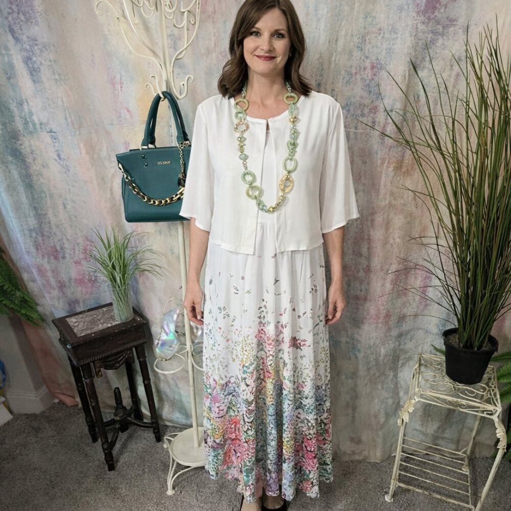 NWOT📌 Elegant Two-Piece Suit Loose Floral A-Line Dress & Half Sleeve Cardigan